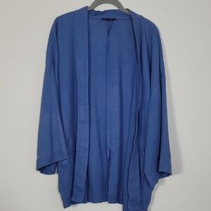 LCW Women’s Linen Blend Open Cardigan Size L Blue Pockets Lagenlook Coastal